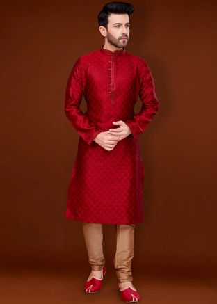 Red Traditional Kurta Pajama In Jacquard