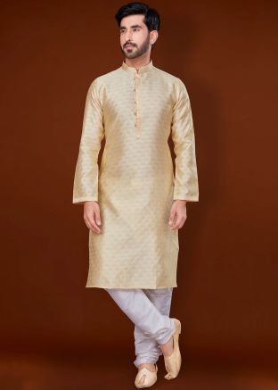 Yellow Woven Kurta Pajama In Jacquard