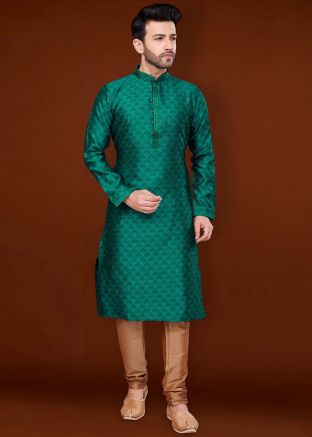 Green Readymade Kurta Pajama In Woven Work
