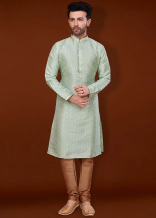 Green Readymade Mens Woven Kurta Pajama