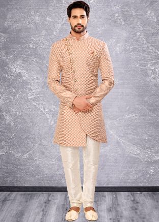 Peach Asymmetric Brocade Indo Western Sherwani Set