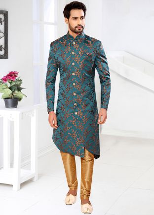 Blue Asymmetric Indo Western Sherwani In Jacquard