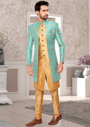 Blue Jacket Style Indo Western Sherwani Set