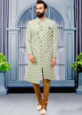 Green Brocade Asymmetric Indo Western Sherwani Set