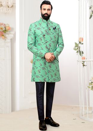 Green Brocade Asymmetric Indo Western Sherwani Set