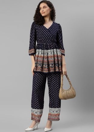 Blue Digital Printed Kurta Set In Rayon