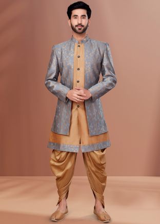 Brown Jacquard Jacket Style Sherwani With Dhoti