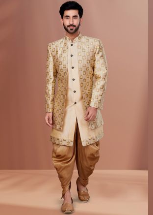 Cream Jacquard Jacket Style Sherwani with Doti