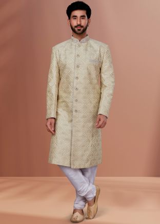 Beige Embroidered Mens Sherwani Set