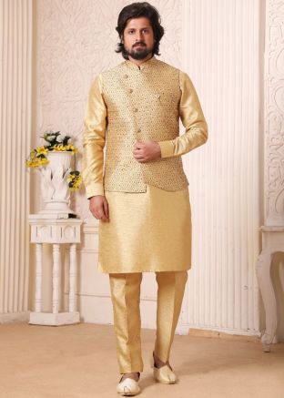 Golden Readymade Kurta Pajama And Jacket Set