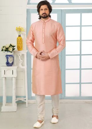 Peach Embroidered Mens Kurta In Dupion Silk