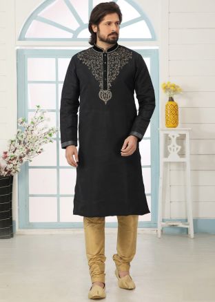 Black Thread Embroidered Dupion Silk Kurta