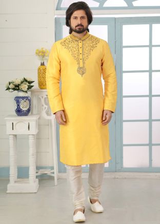 Yellow Readymade Embroidered Dupion Silk Kurta