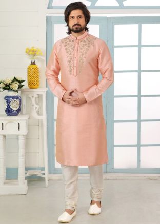 Peach Dupion Silk Embroidered Kurta