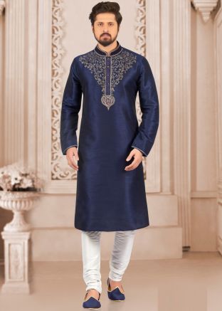 Navy Blue Embroidered Kurta In Dupion Silk