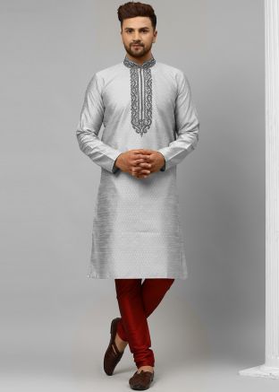Grey Thread Embroidered Readymade Kurta