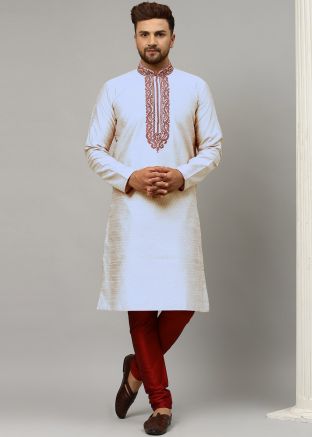 Off White Embroidered Kurta In Dupion Silk