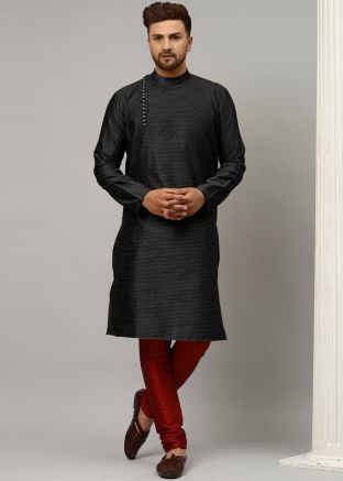 Black Woven Kurta in Dupion Silk