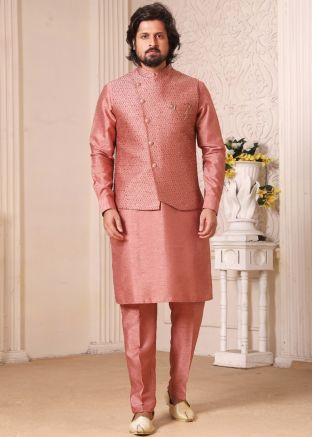 Pink Readymade Silk Kurta Pajama And Jacket