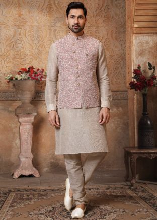 Beige Silk Readymade Kurta Pajama With Jacket