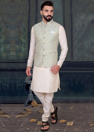 Green Woven Nehru Jacket In Brocade