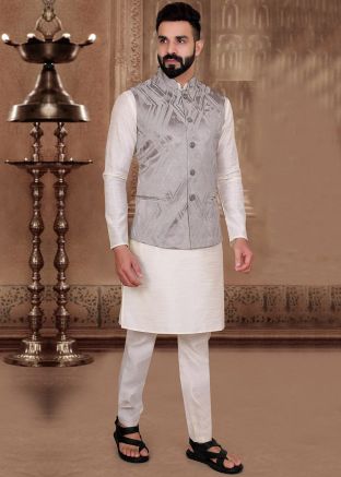 Grey Jacquard Nehru Jacket  In Woven Work