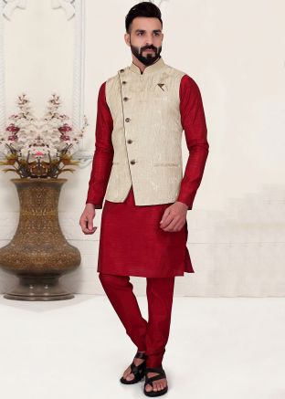 Cream Mens Woven Nehru Jacket