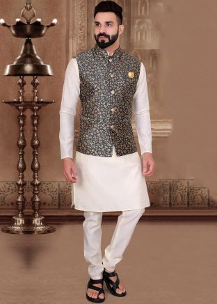 Grey Jacquard Nehru Jacket  In Woven Work
