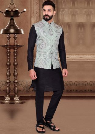 Green Woven Nehru Jacket in Jacquard