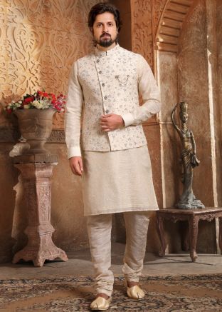 Cream Readymade Silk Kurta Pajama And Jacket