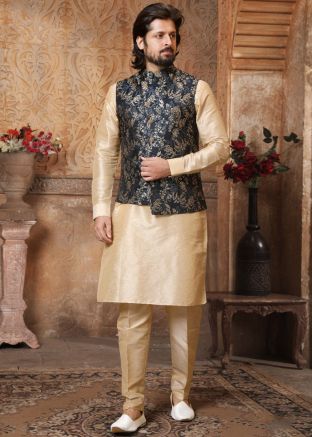 Cream Readymade Silk Kurta Pyjama And Jacket