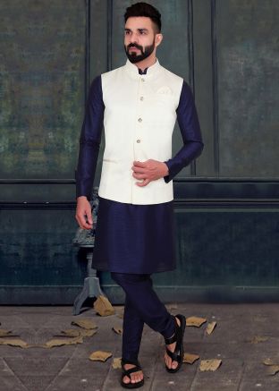 Navy Blue Kurta With White Nehru Jacket