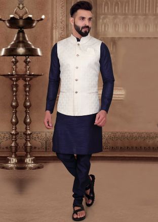 Navy Blue Silk Kurta With Woven Nehru Jacket