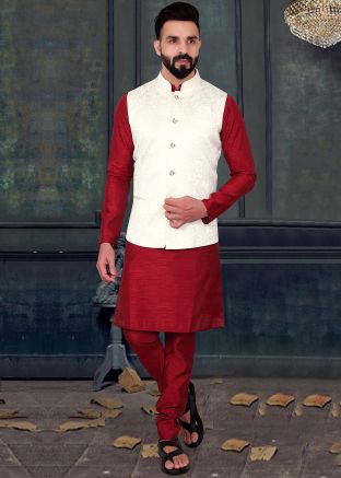 Maroon Readymade Silk Kurta & Nehru Jacket