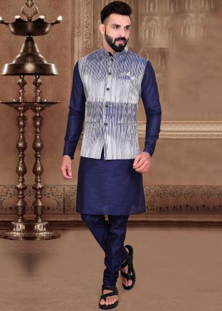 Navy Blue Mens Kurta & Woven Nehru Jacket