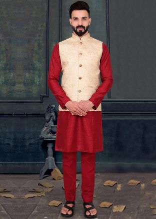 Maroon Kurta With Cream Woven Jacket
