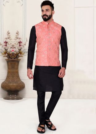 Black Silk Kurta & Nehru Jacket In Woven Work