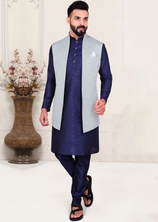Blue Silk Kurta With Brocard Jacket