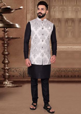 Black Mens Kurta With Brocard Jacket