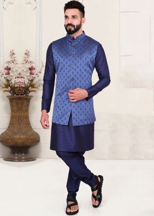 Blue Silk Kurta With Jacquard Jacket