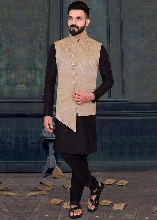 Black Silk Kurta With Woven Jacket