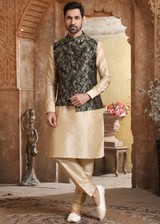 Readymade Cream Mens Kurta Pyjama With Jacket