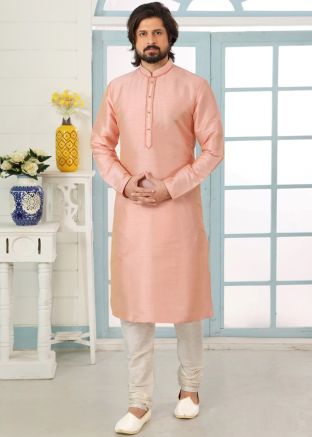 Peach Embroidered Mens Kurta Pajama In Dupion Silk