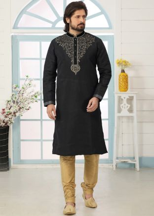 Black Thread Embroidered Dupion Silk Kurta Pajama