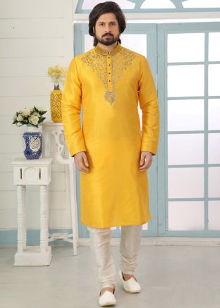 Yellow Embroidered Dupion Silk Kurta Pajama