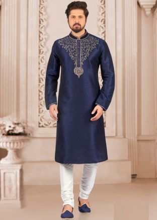 Navy Blue Embroidered Kurta Pajama In Dupion Silk