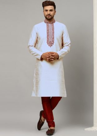 Off White Embroidered Kurta Pajama In Dupion Silk