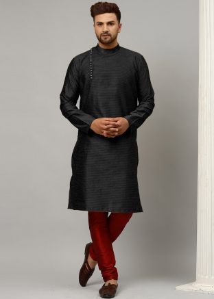 Black Woven Kurta Pajama In Dupion Silk