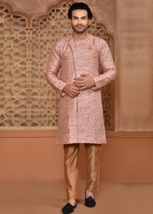 Peach Indowestern Sherwani In Banarasi Silk