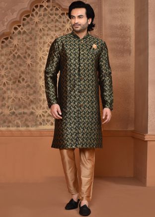 Green Indowestern Sherwani In Woven Work